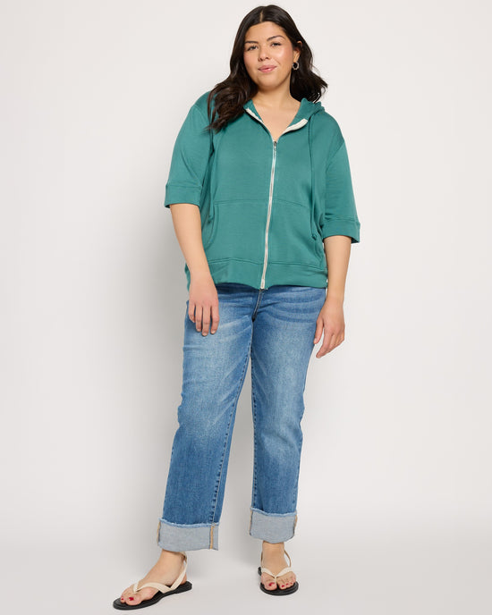 Deep Teal Green $|& SEAS Short Sleeve Fleece Zip Up - UGC On Fig