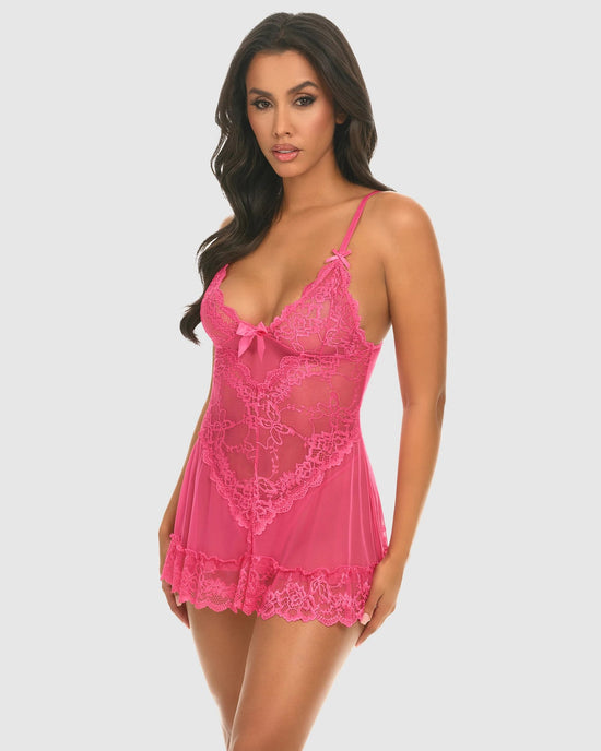 Raspberry Sorbet $|& Oh La La Cheri Valentine Babydoll Set with G-String - VOF Side