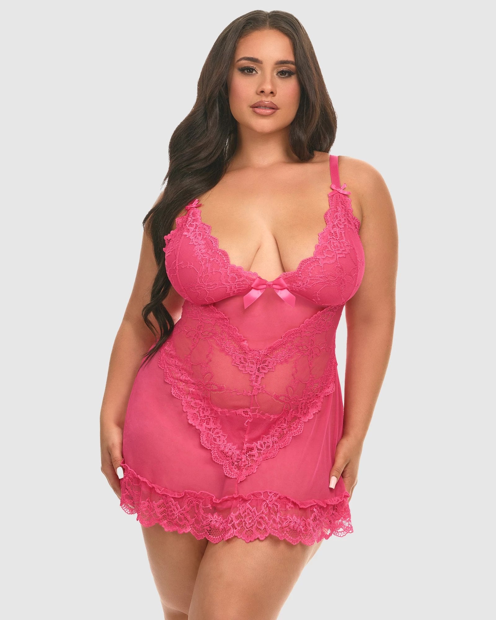 Raspberry Sorbet $|& Oh La La Cheri Valentine Babydoll Set with G-String - VOF Front