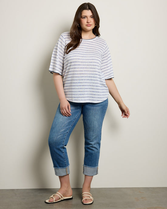 Ivory/Navy Stripe $|& Bobeau Caty Elbow Sleeve Stitch Tee - UGC On Fig