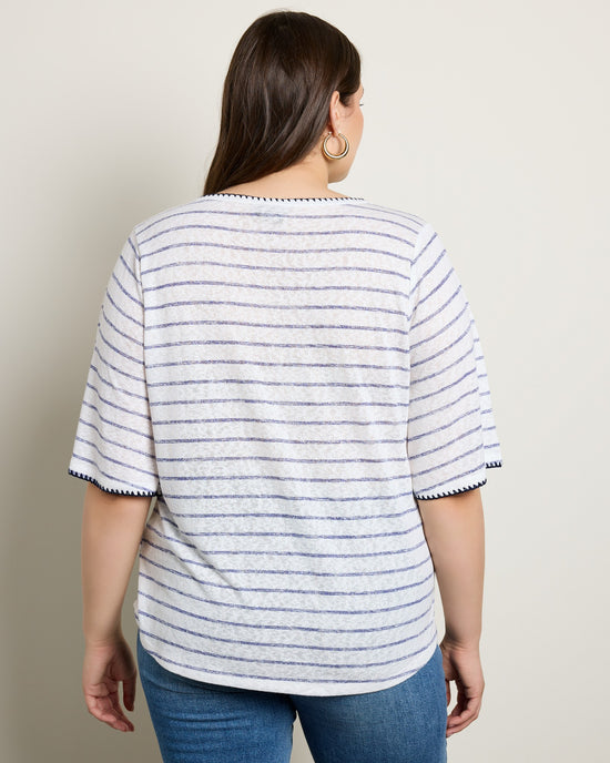 Ivory/Navy Stripe $|& Bobeau Caty Elbow Sleeve Stitch Tee - SOF Back