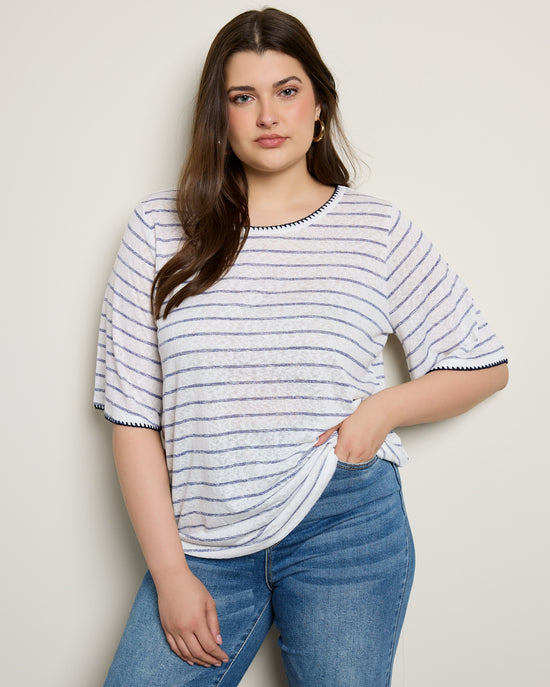 Ivory/Navy Stripe $|& Bobeau Caty Elbow Sleeve Stitch Tee - SOF Front