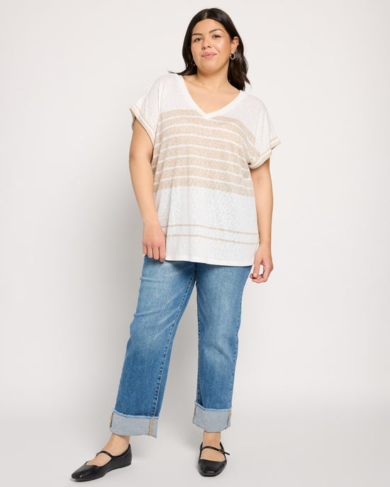 Ivory/Golden Brown $|& Bobeau Caty Double V Stripe Cuff Tee - UGC On Fig
