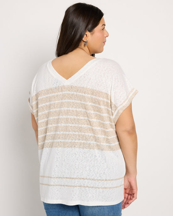 Ivory/Golden Brown $|& Bobeau Caty Double V Stripe Cuff Tee - SOF Back