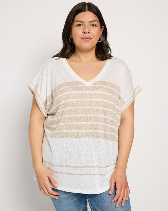 Ivory/Golden Brown $|& Bobeau Caty Double V Stripe Cuff Tee - SOF Front