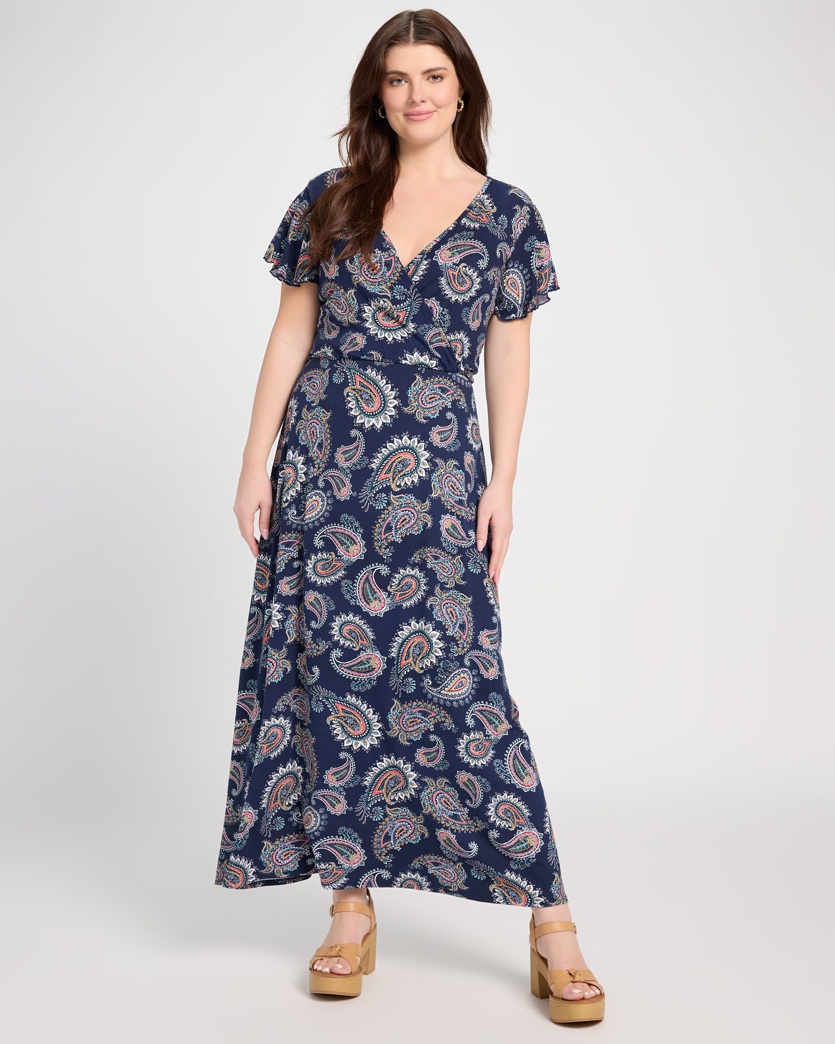Blue Paisley $|& Loveappella Printed Short Sleeve Wrap Dress - SOF Front