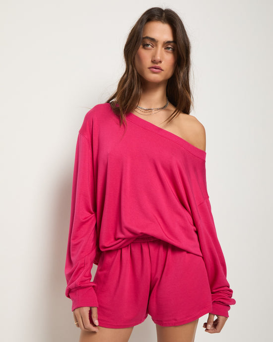 Magenta $|& SEAS Brooksville One Shoulder Sweatshirt - VOF Front