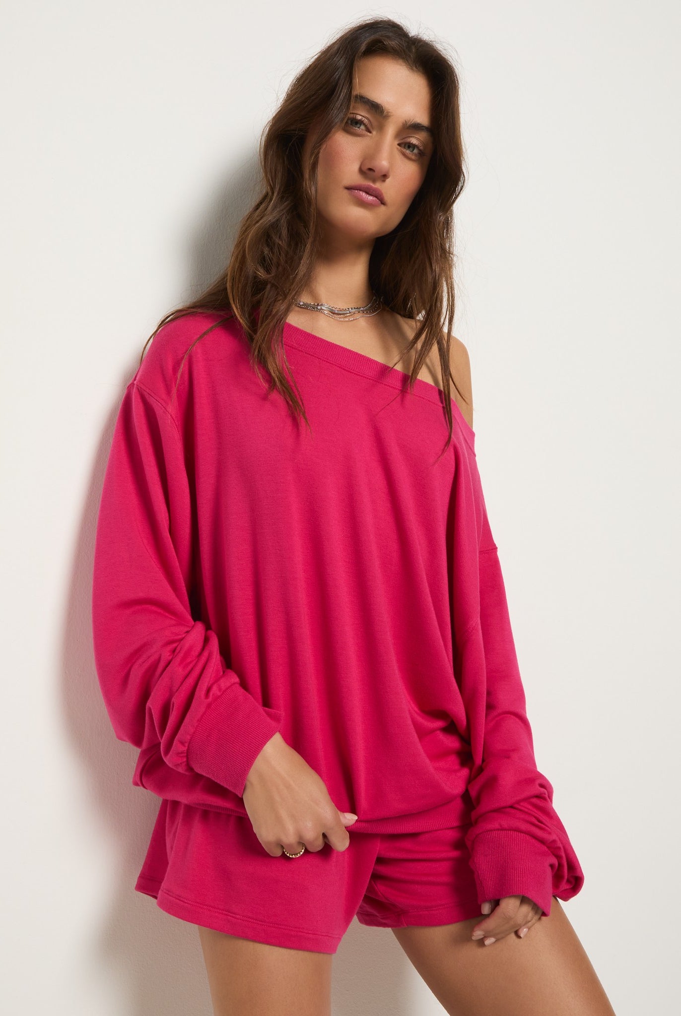 Magenta $|& SEAS Brooksville One Shoulder Sweatshirt - SOF Front
