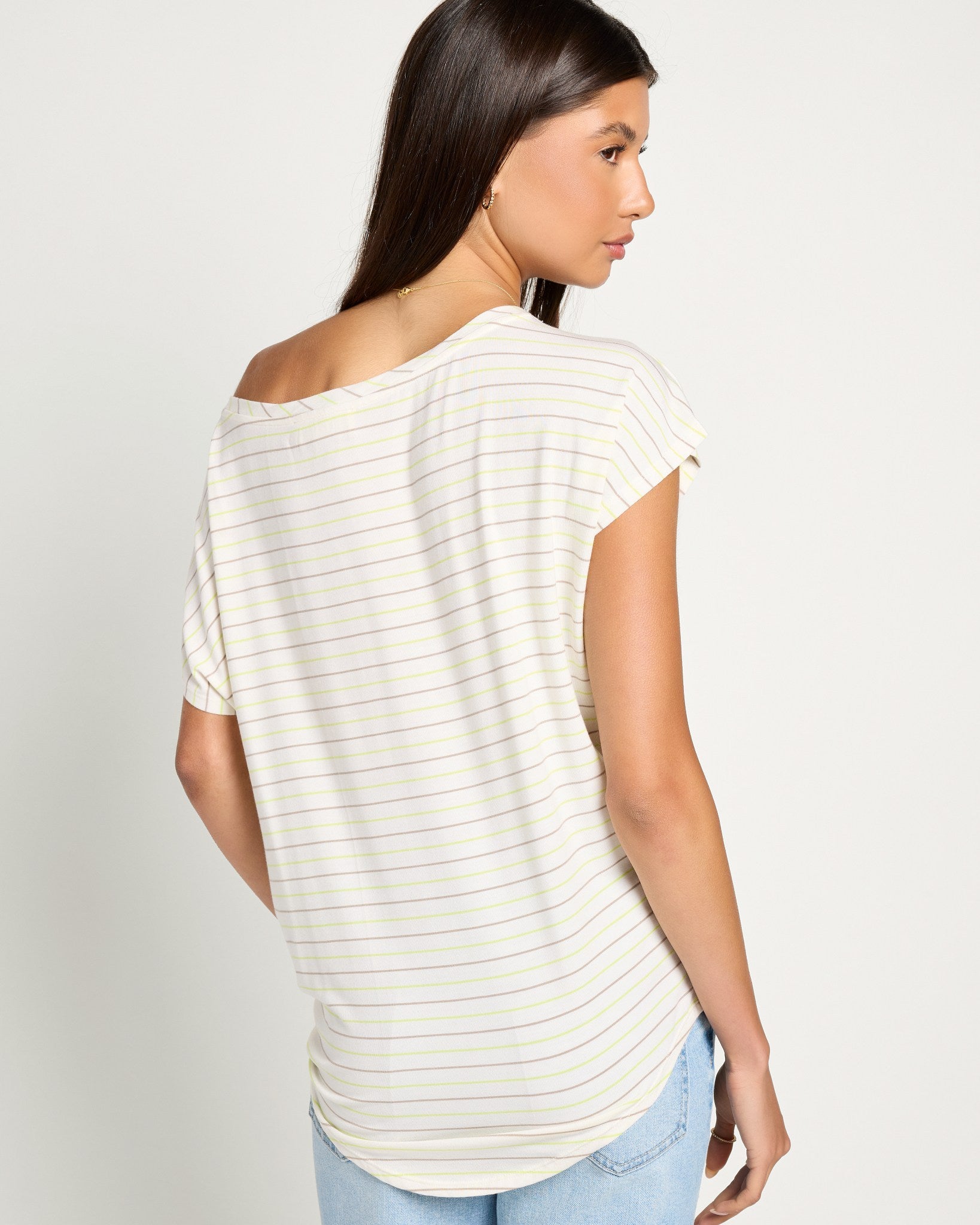 Lime Birch Stripe $|& SEAS Edgewater Off The Shoulder Stripe Tee - SOF Back