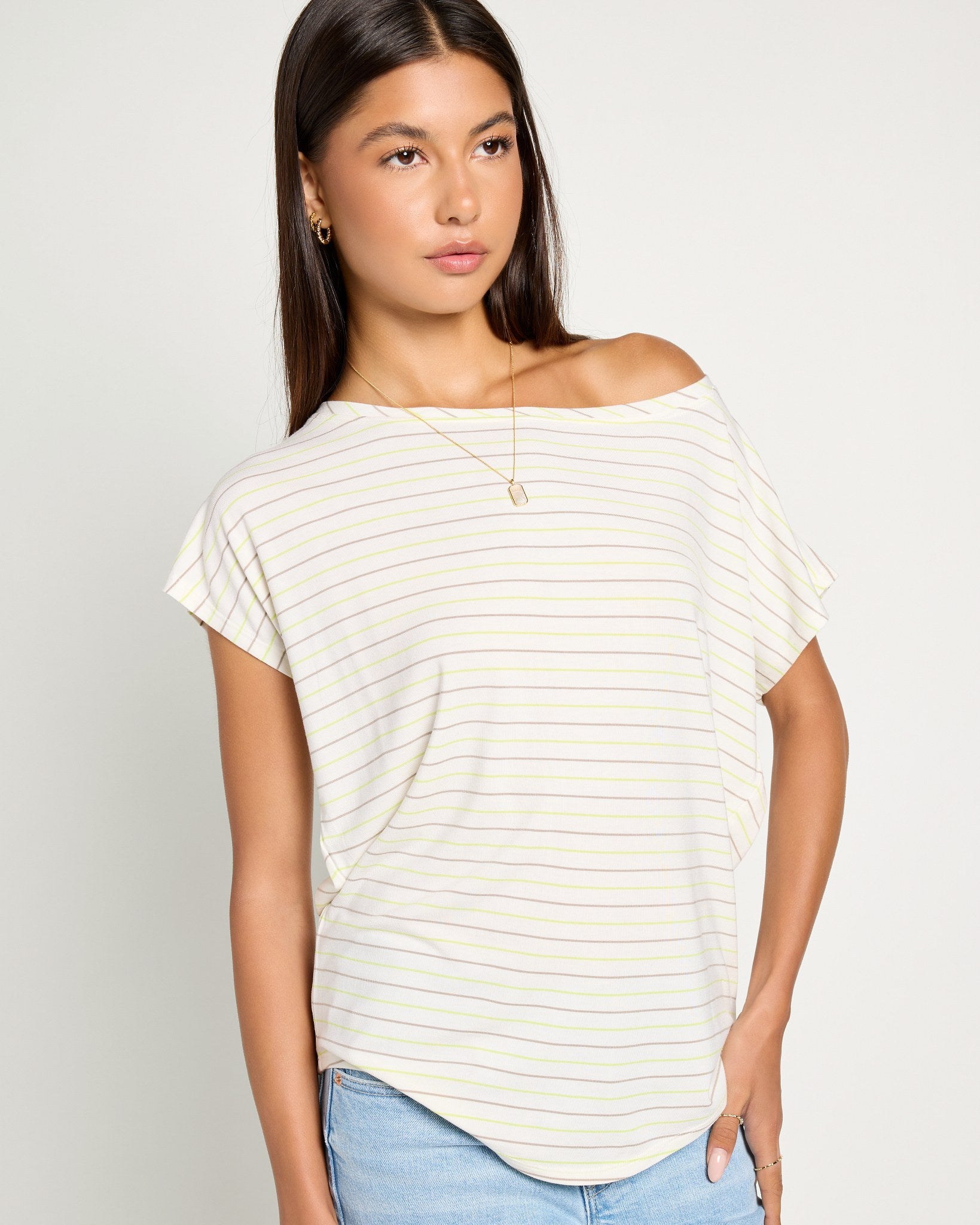 Lime Birch Stripe $|& SEAS Edgewater Off The Shoulder Stripe Tee - SOF Front