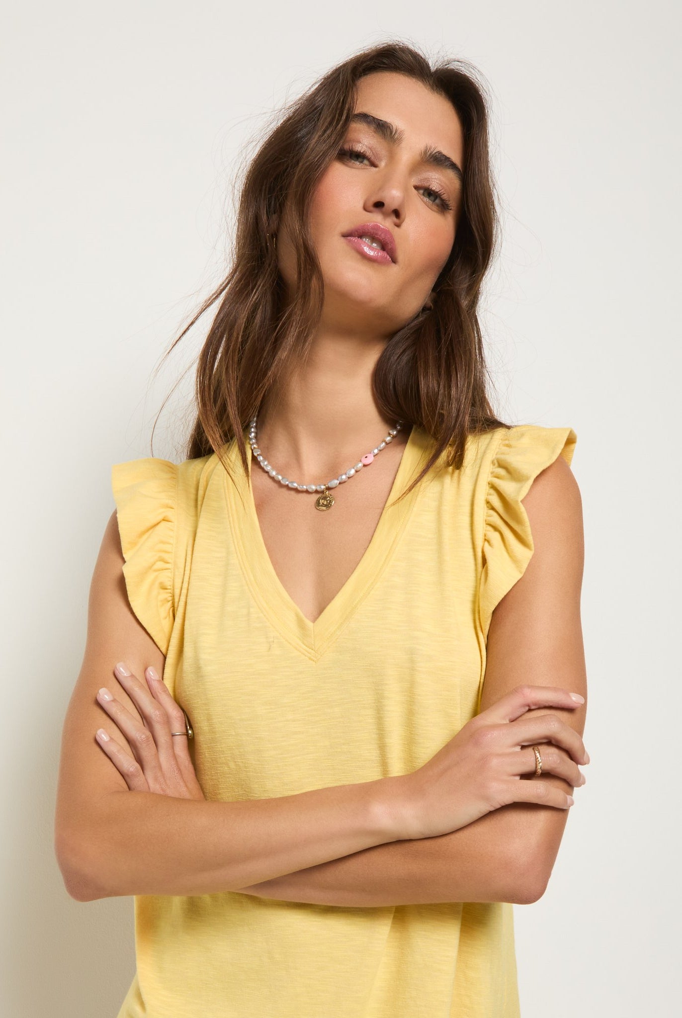 Golden $|& SEAS Bliss Ruffle Sleeve Short Dress - SOF Full Front