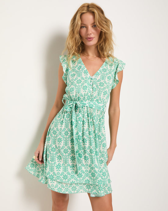 Green Apple Floral $|& SEAS Printed Newport Ruffle Short Dress - SOF Front