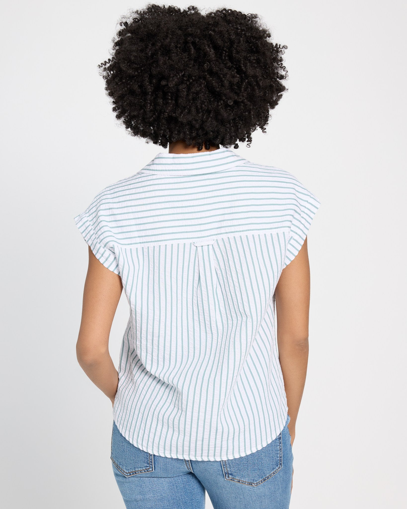 White Green $|& Thread & Supply Marina Short Sleeve Striped Button Front Shirt - SOF Back