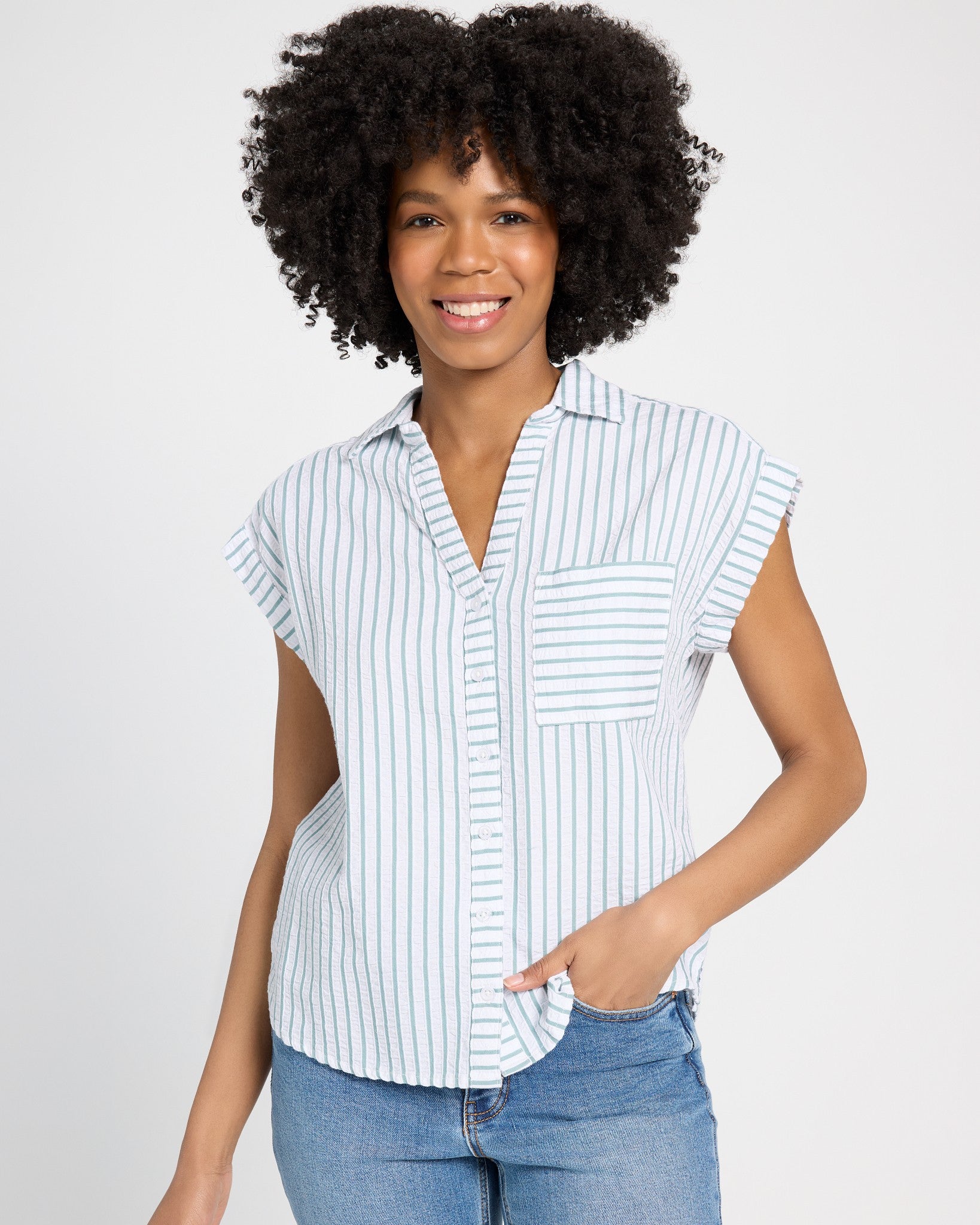 White Green $|& Thread & Supply Marina Short Sleeve Striped Button Front Shirt - SOF Front