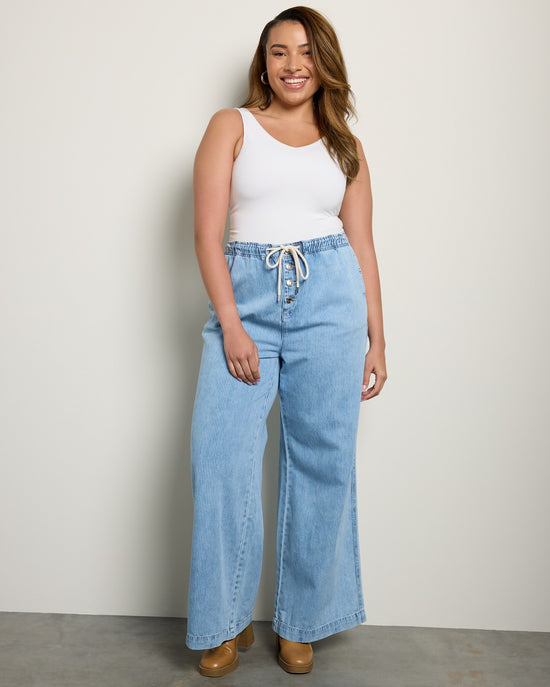 Washed Indigo Stripe Blue $|& Thread & Supply Norman Lightweight Pant with Tie Waist - UGC On Fig