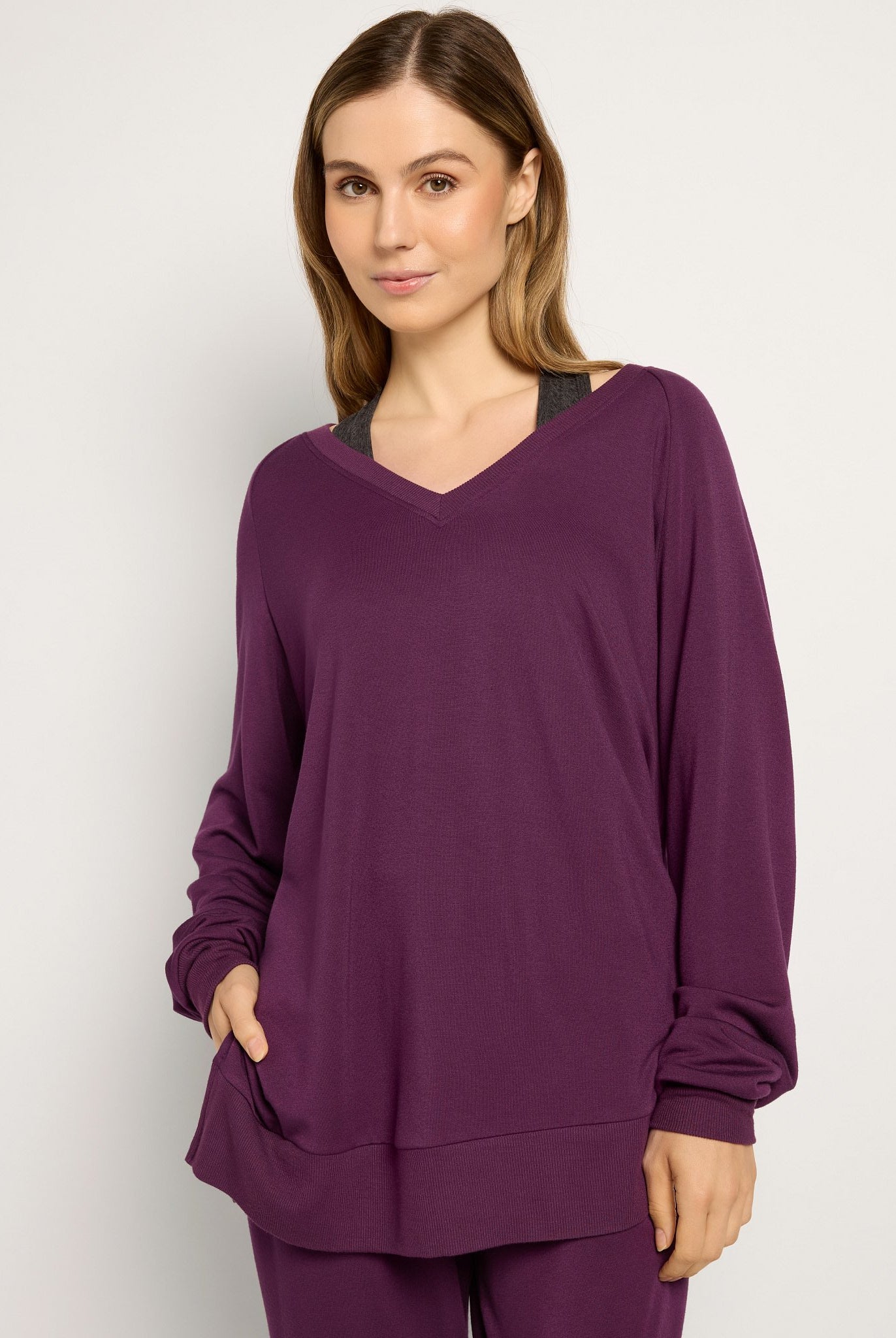 Amethyst $|& Interval Flex Fleece V-Neck Top - SOF Front