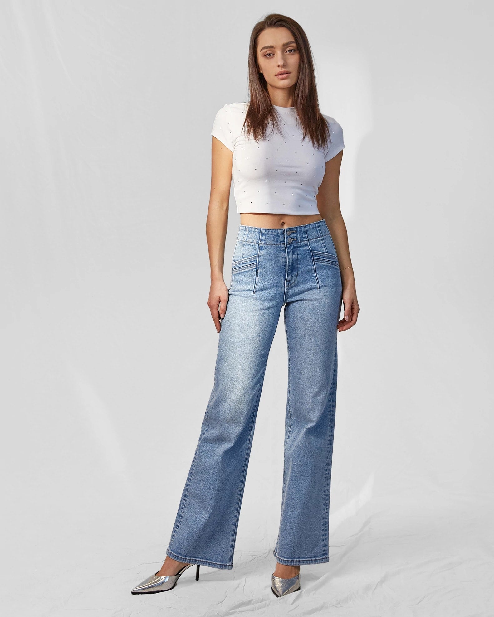 【BAON】Tilt button denim wide pants Super High Rise Wide Leg Jean With Double Button
