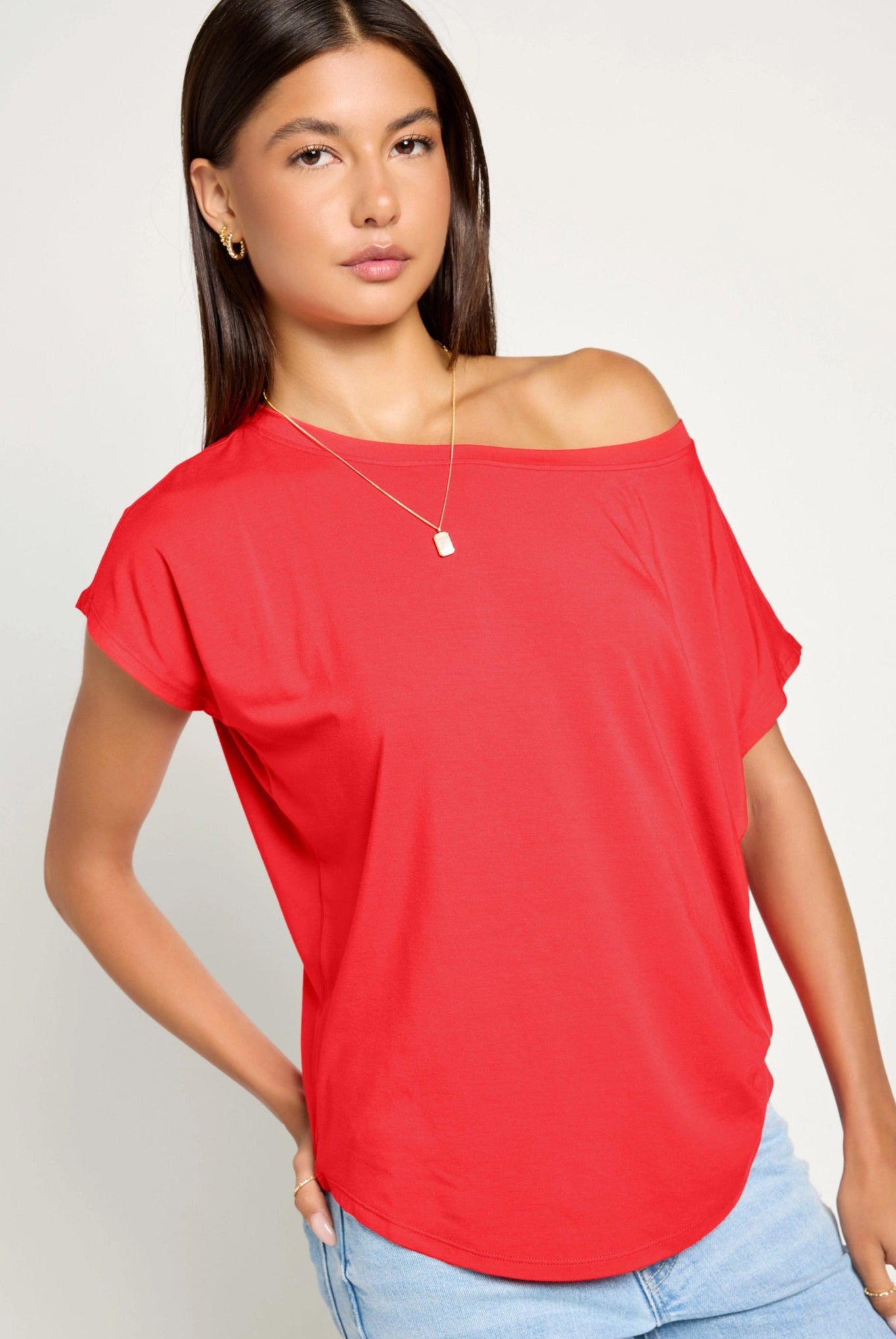 Pomegranate $|& SEAS Edgewater Off The Shoulder Tee - SOF Front