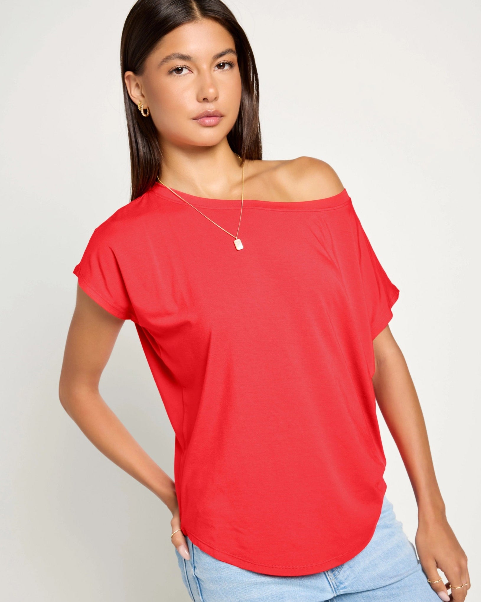 Pomegranate $|& SEAS Edgewater Off The Shoulder Tee - SOF Front