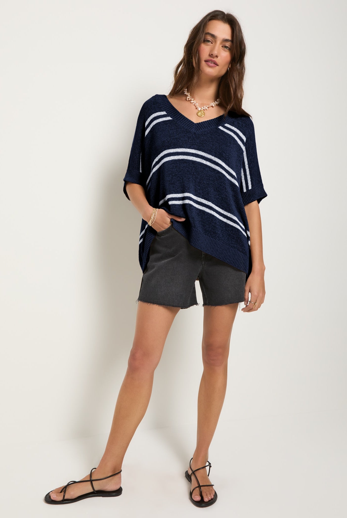 Sapphire Stripe $|& SEAS Wavetide Stripe V-Neck Sweater Tee - UGC On Fig
