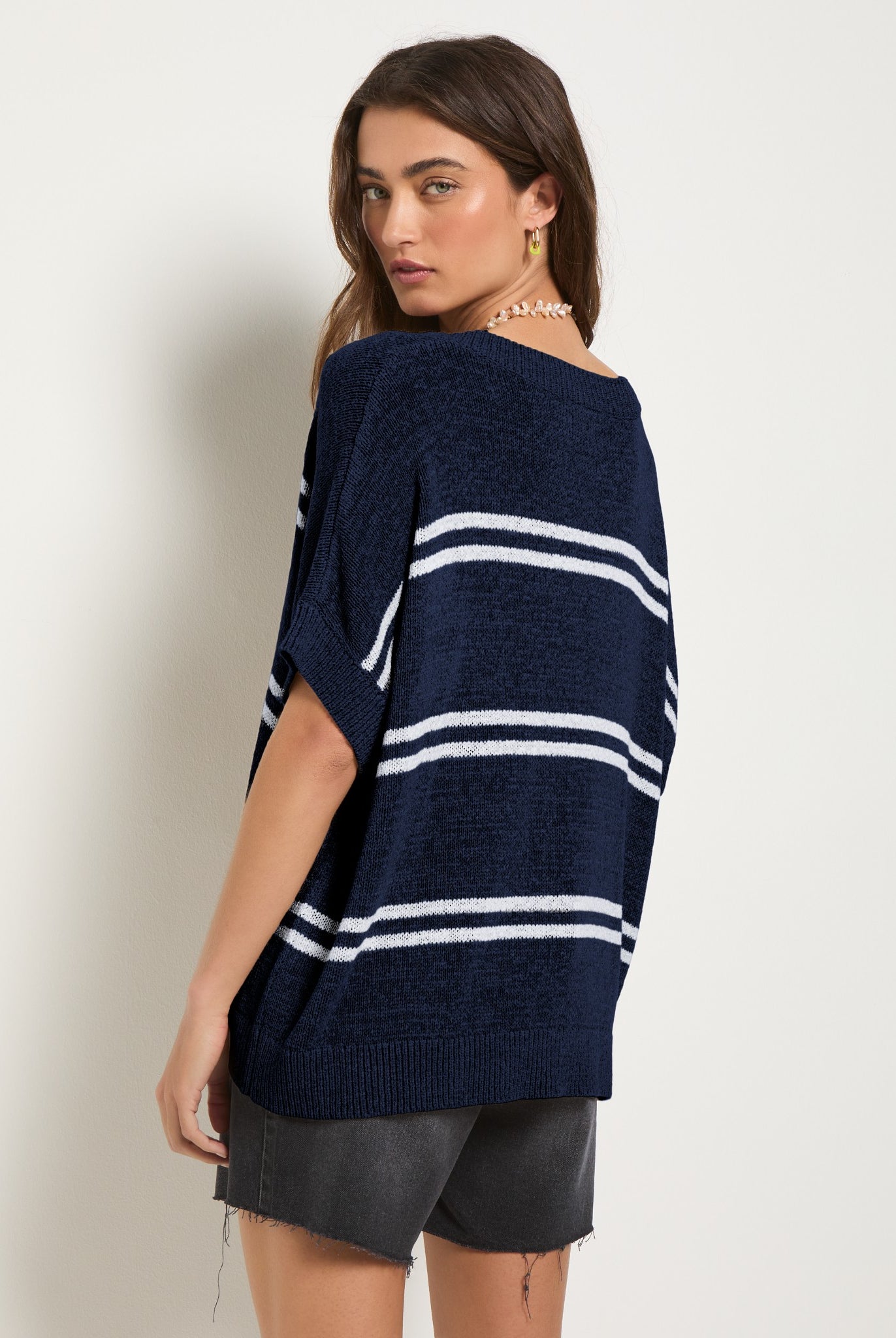 Sapphire Stripe $|& SEAS Wavetide Stripe V-Neck Sweater Tee - SOF Back