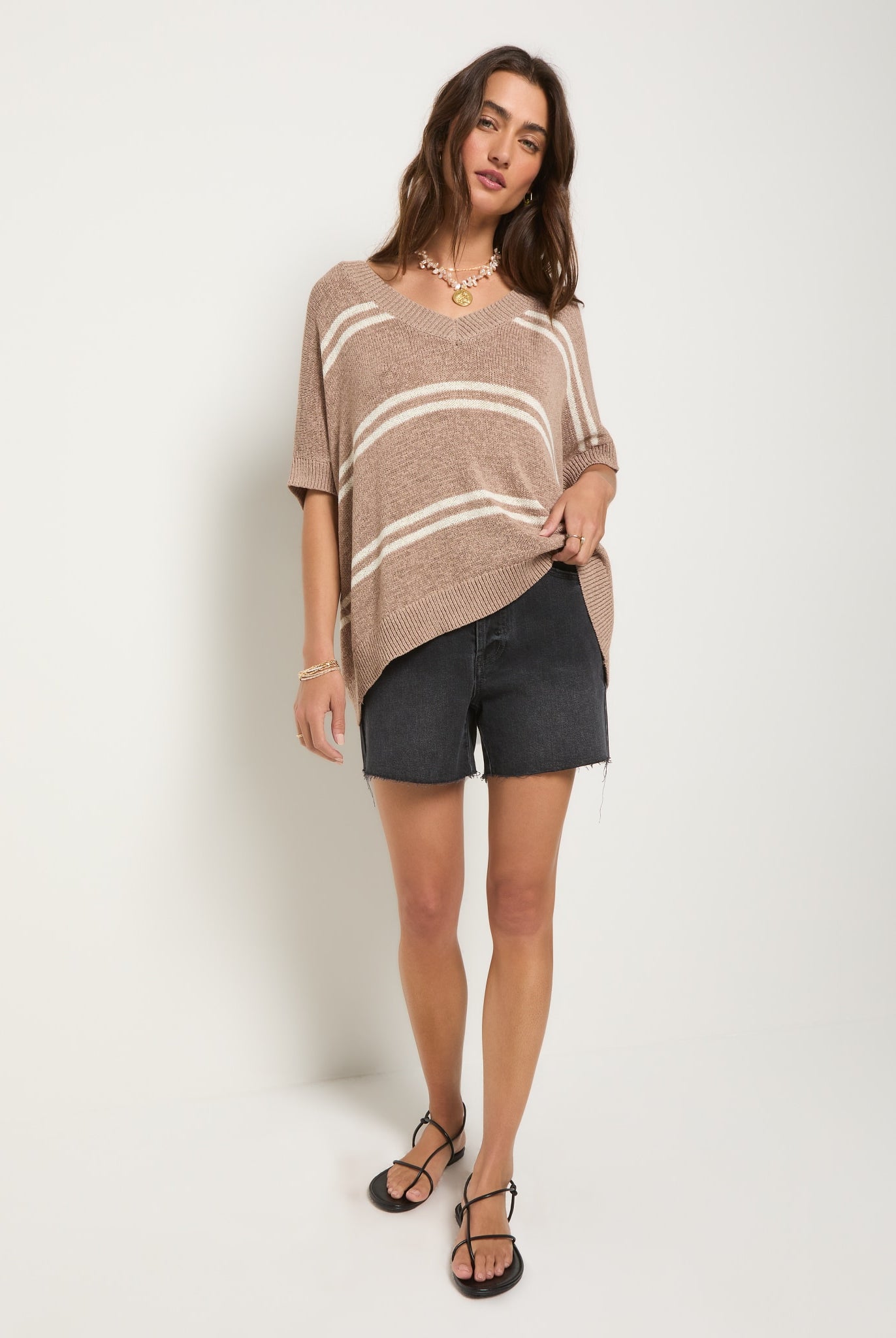 Latte Stripe $|& SEAS Wavetide Stripe V-Neck Sweater Tee - UGC On Fig
