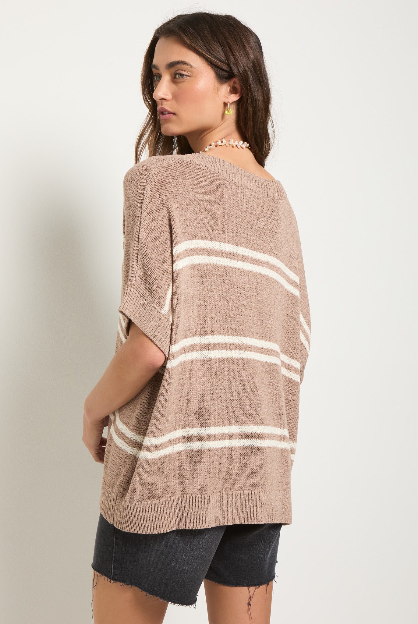 Latte Stripe $|& SEAS Wavetide Stripe V-Neck Sweater Tee - SOF Back
