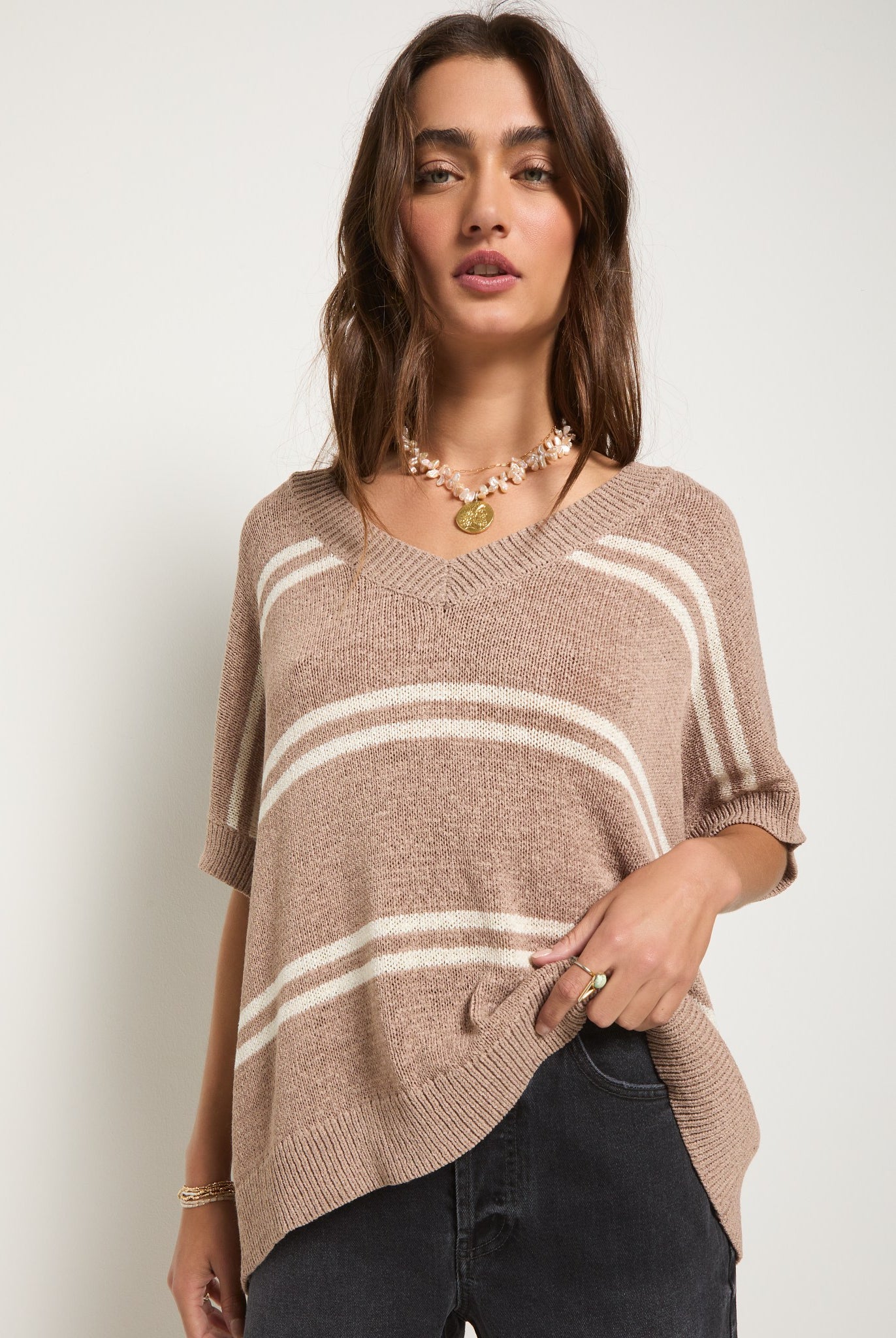 Latte Stripe $|& SEAS Wavetide Stripe V-Neck Sweater Tee - SOF Front