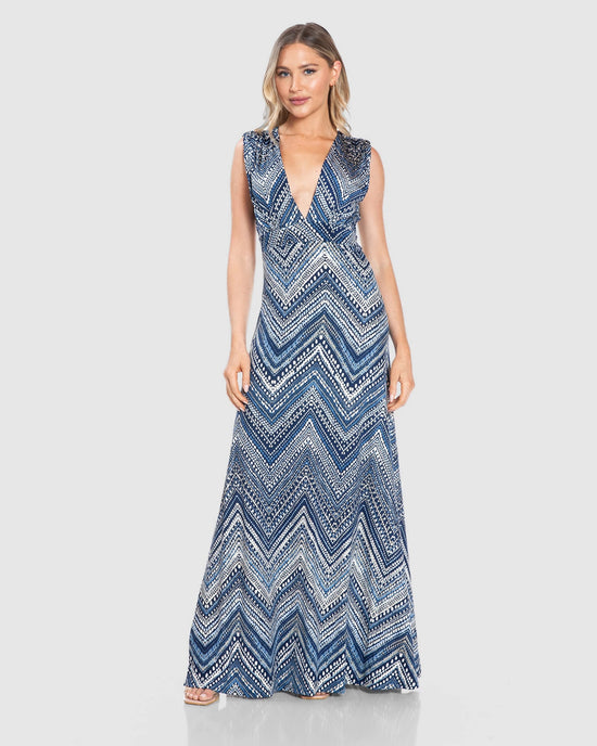 Navy $|& Brooklyn Isles Printed Deep V Open Back Maxi Dress - VOF Detail