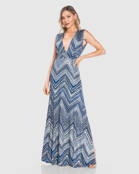 Navy $|& Brooklyn Isles Printed Deep V Open Back Maxi Dress - VOF Detail