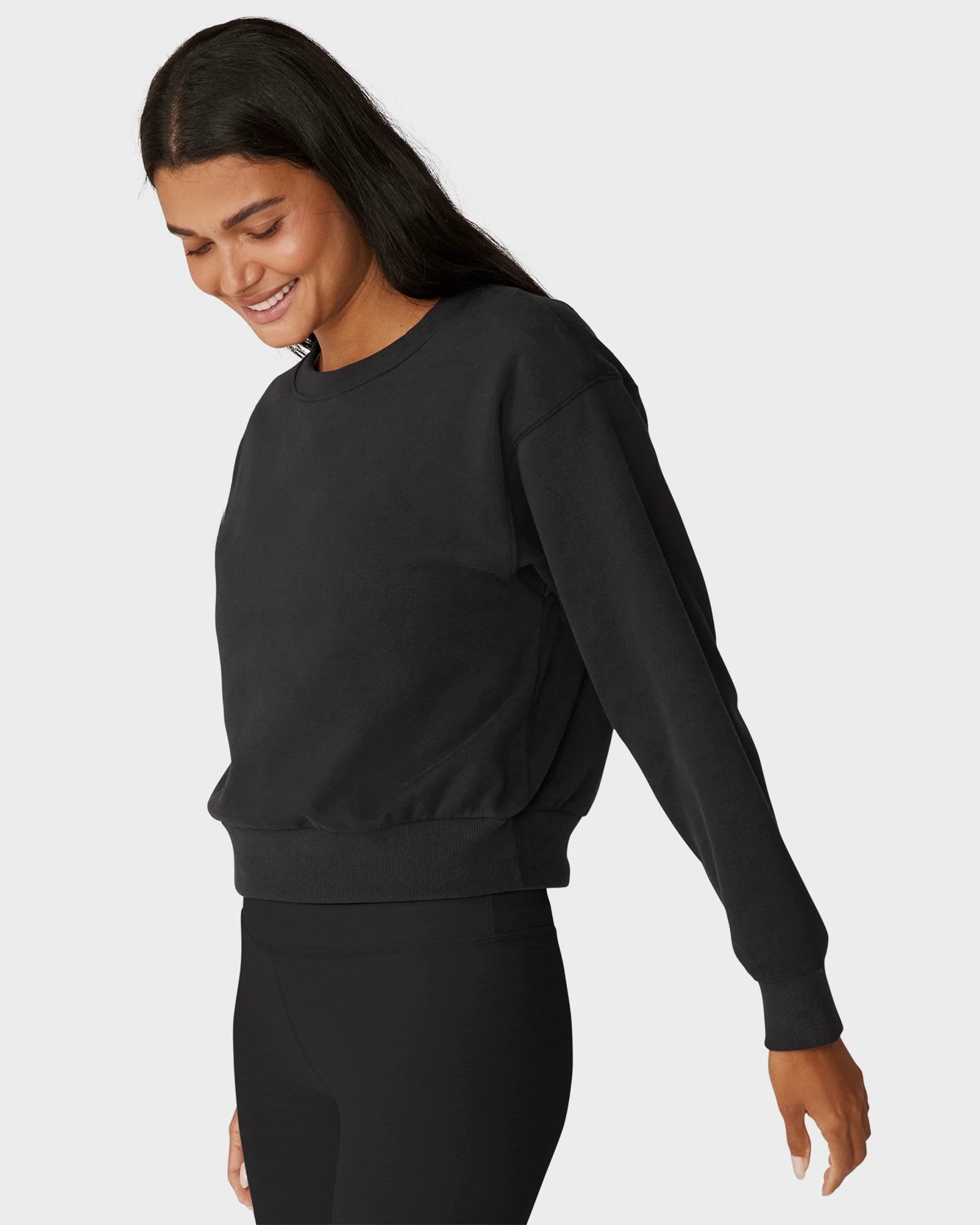 Black $|& Beyond Yoga LuxeFleece Crewneck Sweatshirt - Hanger Front