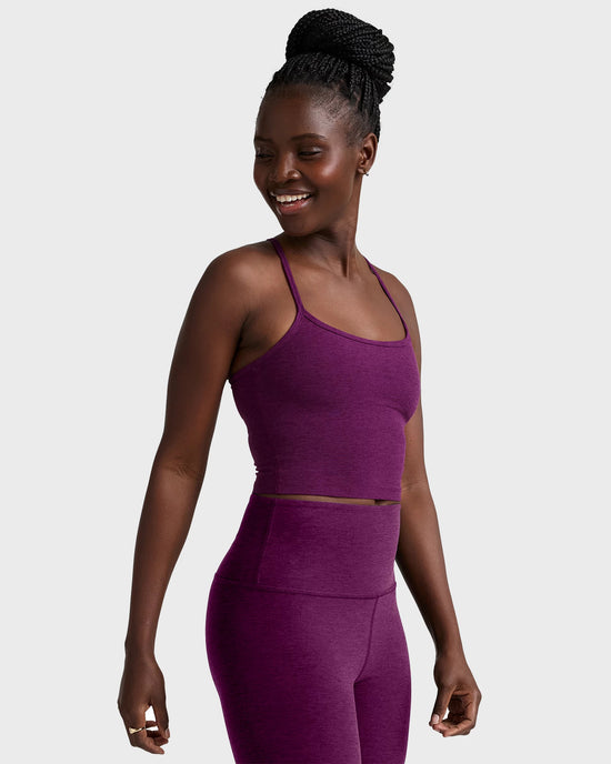 Aubergine Beet $|& Beyond Yoga Spacedye Slim Racerback Cropped Tank - Hanger Front