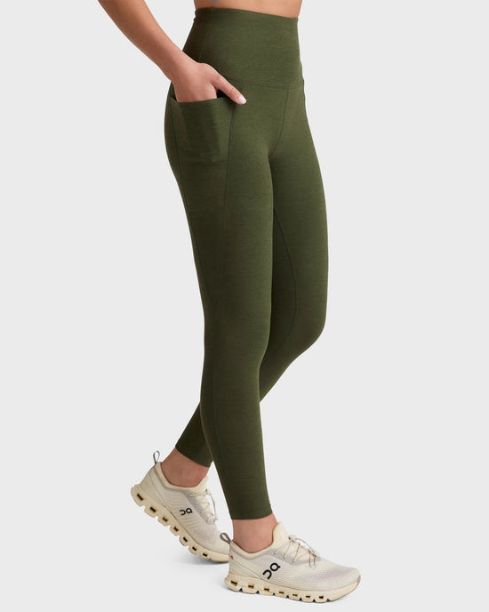 Army Green Heather $|& Beyond Yoga Spacedye Out Of Pocket High Waisted Midi Legging - Hanger Front