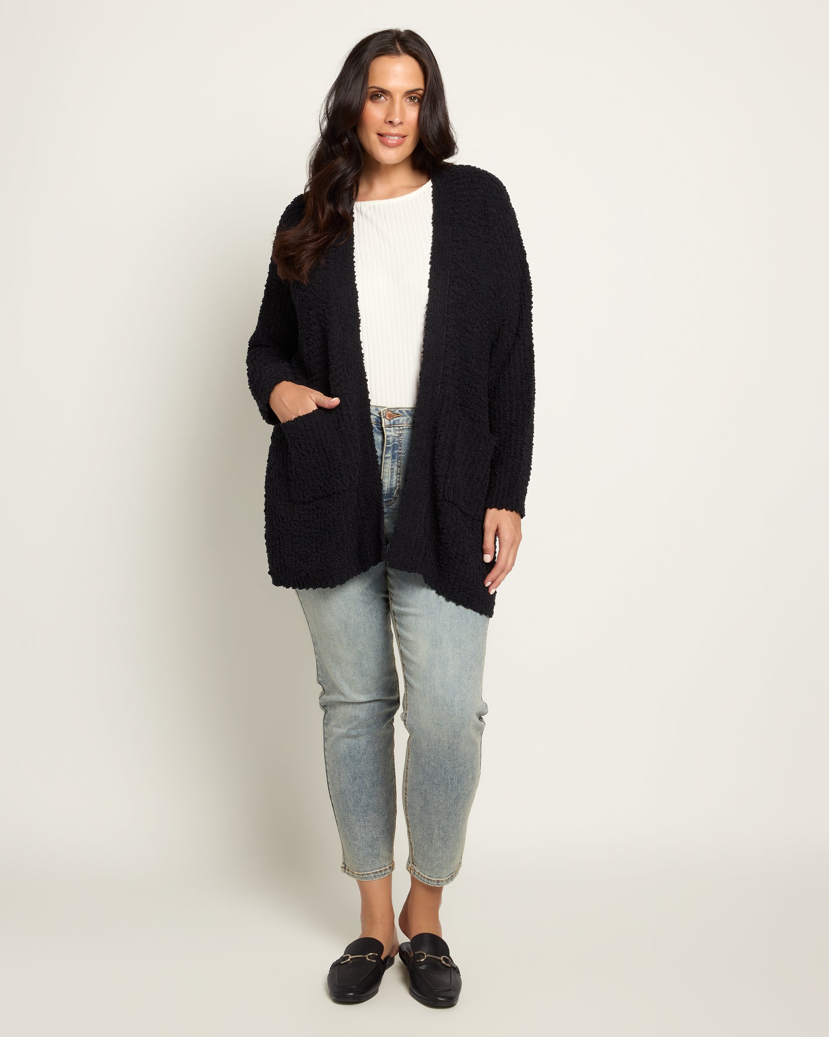 Black $|& Bobeau Two Pocket Popcorn Cardigan - UGC On Fig