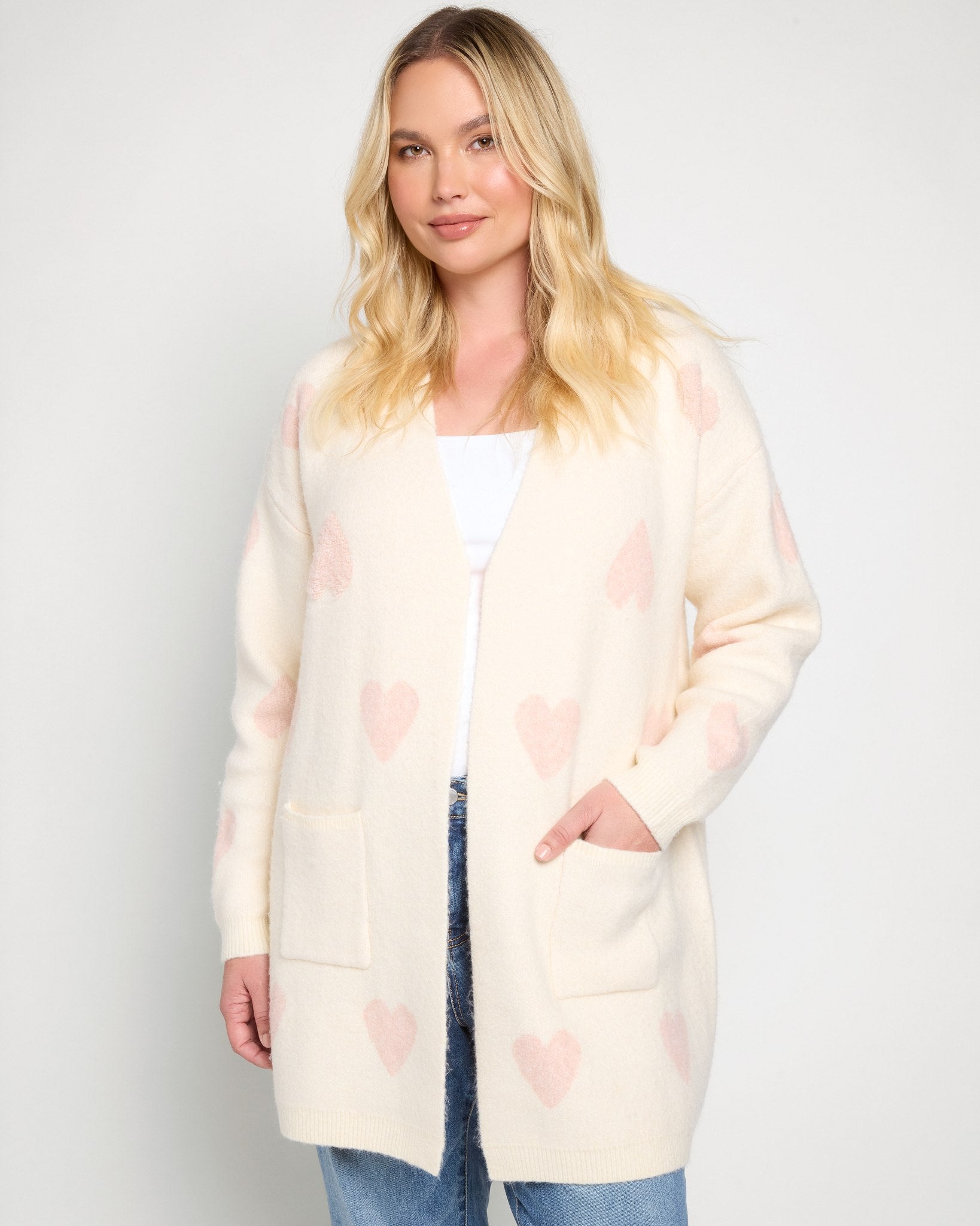 White with Pink Hearts $|& Bobeau Long Pocket Cardigan - SOF Front