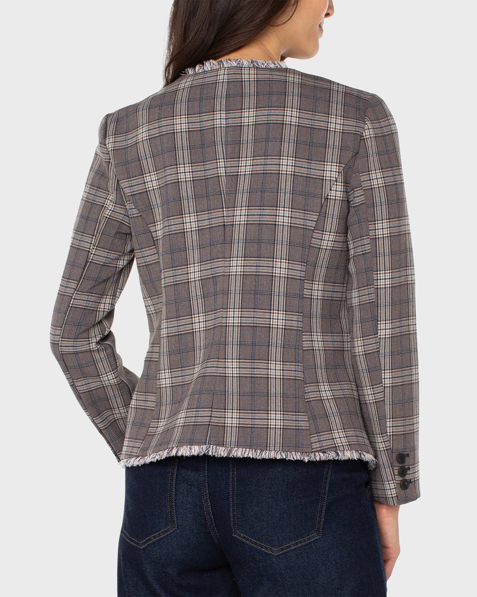 Brown/Navy Glen Check $|& Liverpool Collarless Fitted Blazer with Frayed - Hanger Side