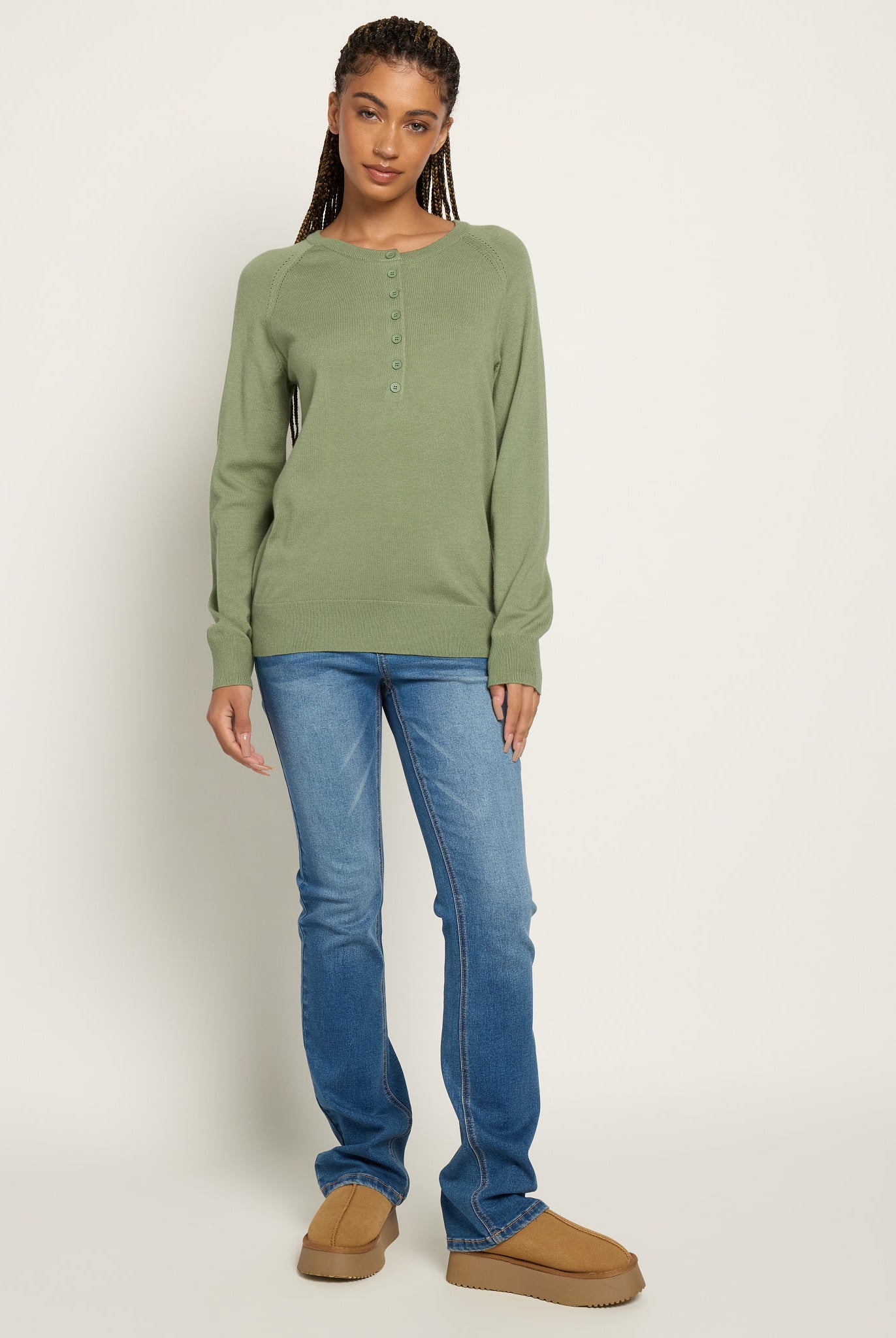 Heather Olive Branch $|& Herizon Sweet Echoes Henley Sweater - UGC On Fig
