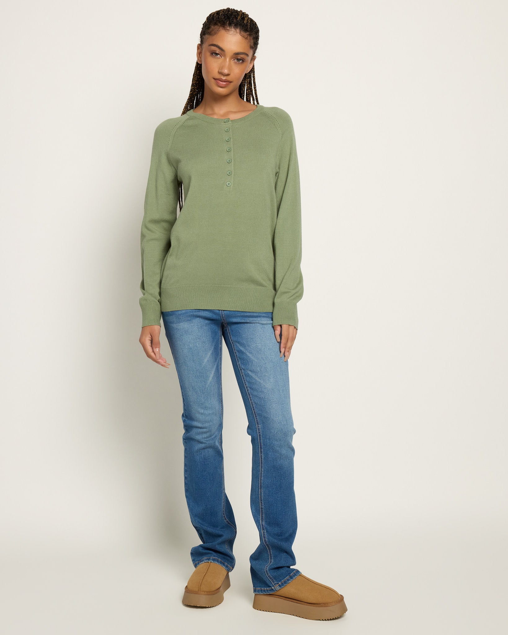 Heather Olive Branch $|& Herizon Sweet Echoes Henley Sweater - UGC On Fig