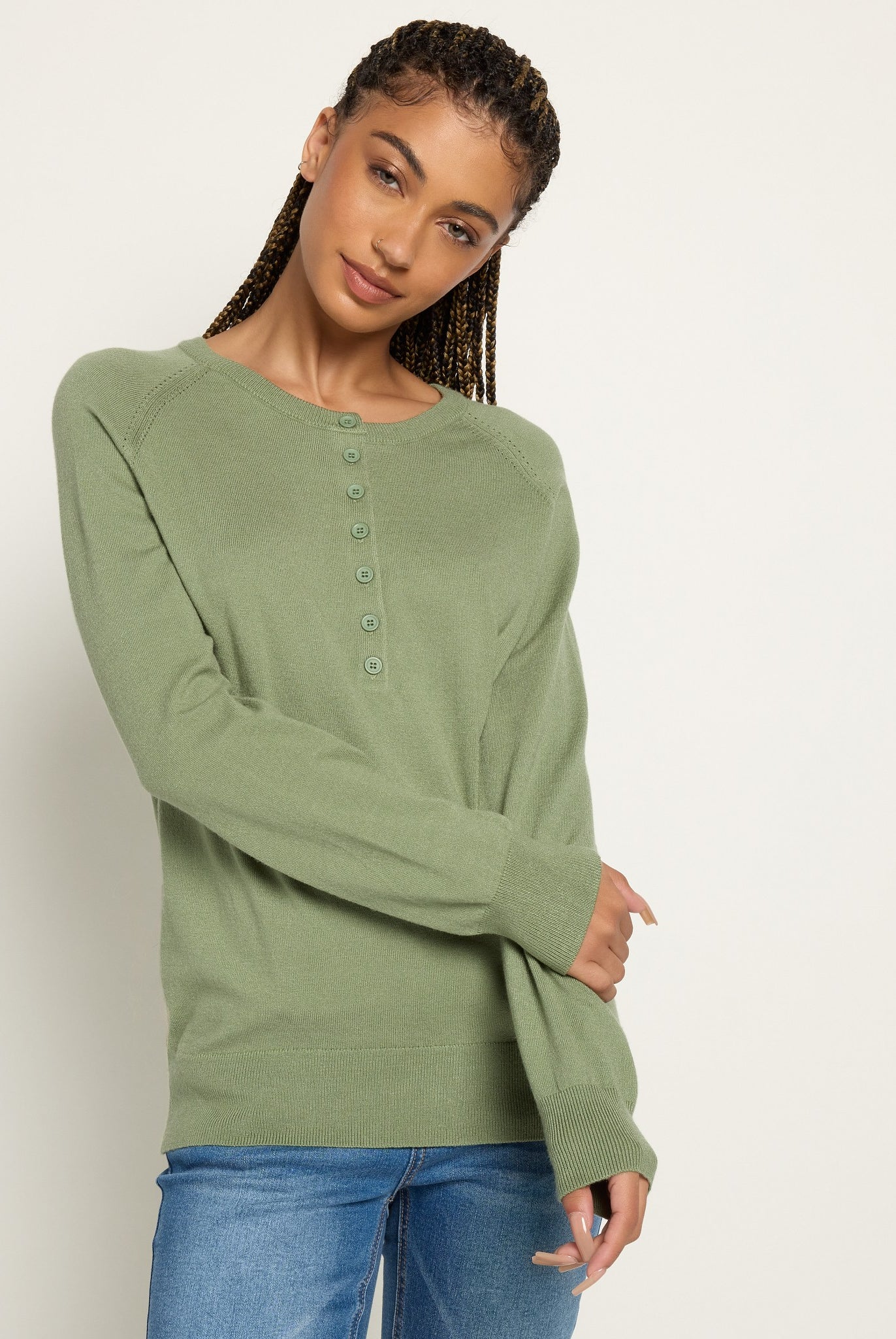 Heather Olive Branch $|& Herizon Sweet Echoes Henley Sweater - SOF Front