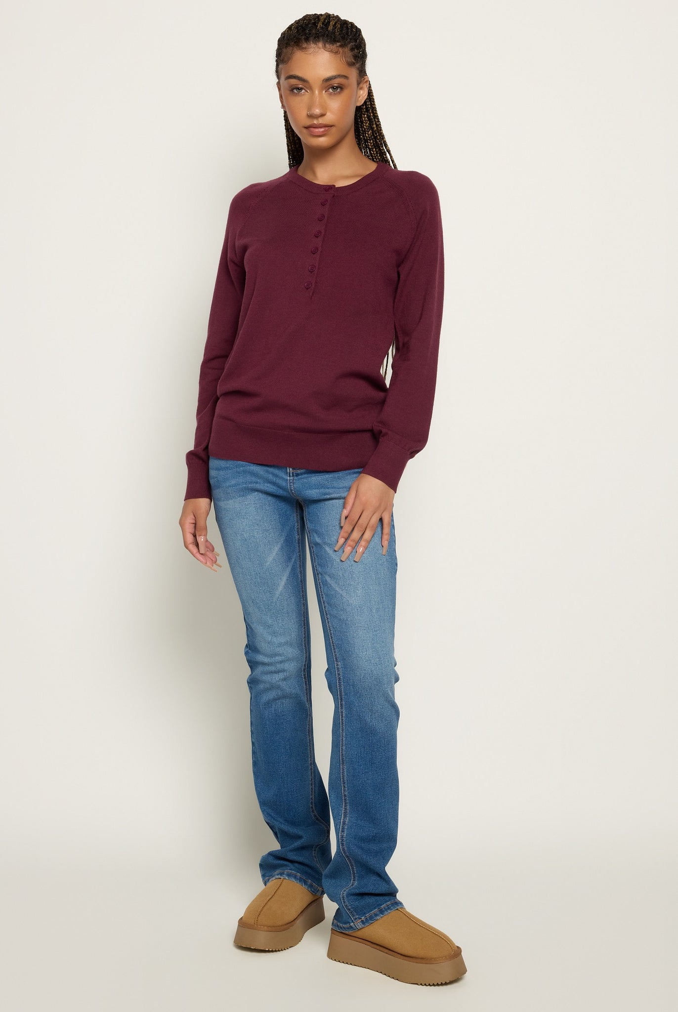 Heather Elderberry $|& Herizon Sweet Echoes Henley Sweater - UGC On Fig