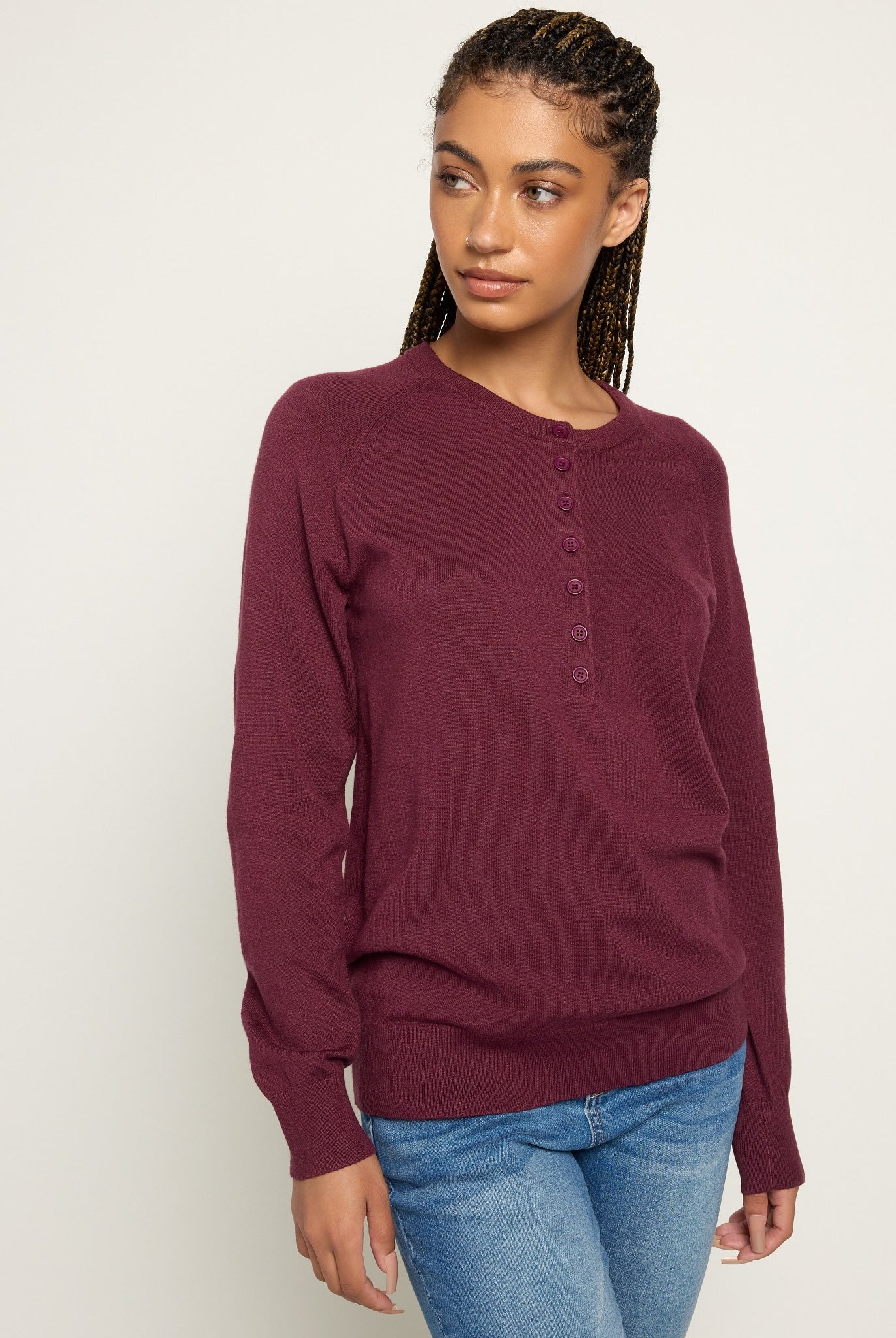 Heather Elderberry $|& Herizon Sweet Echoes Henley Sweater - SOF Front