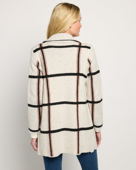 Ivory/Black/Tan Fine Lines $|& OneWorld Sweater Coatigan - SOF Back