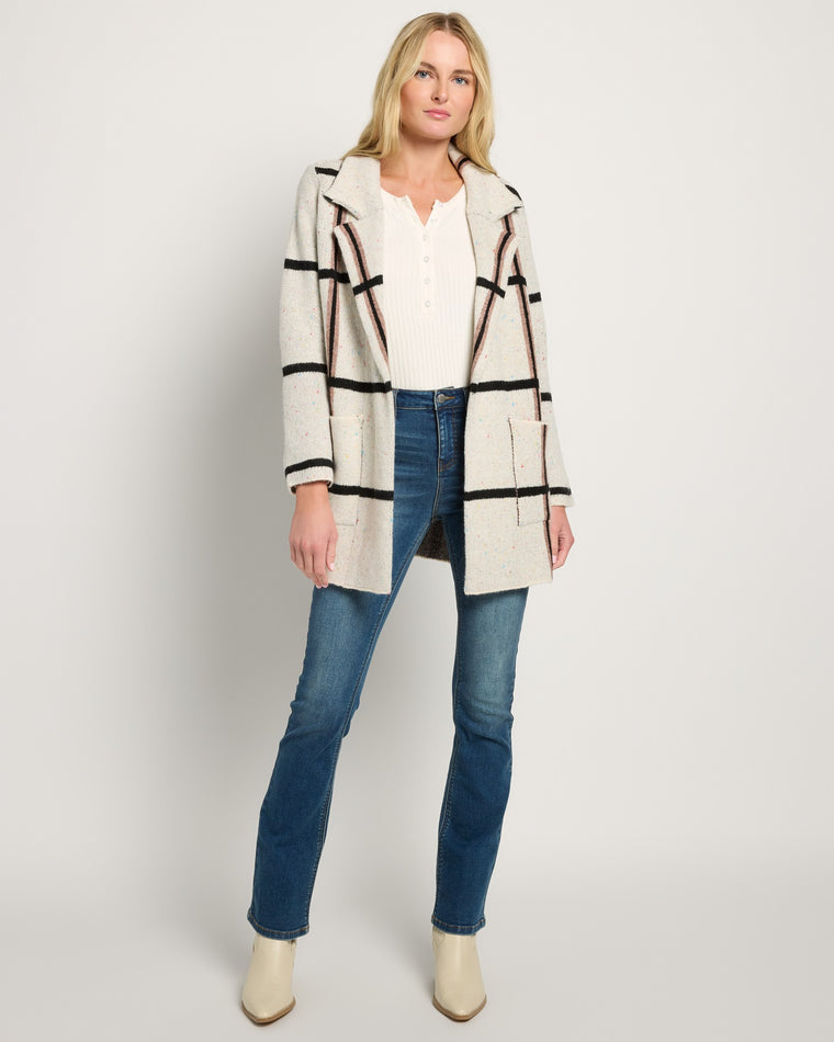 Ivory/Black/Tan Fine Lines $|& OneWorld Sweater Coatigan - UGC On Fig