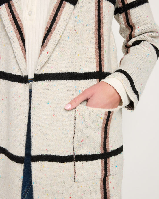 Ivory/Black/Tan Fine Lines $|& OneWorld Sweater Coatigan - SOF Full Front
