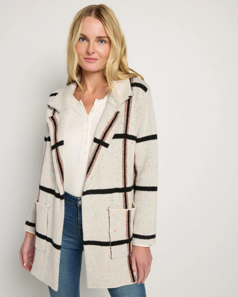 Ivory/Black/Tan Fine Lines $|& OneWorld Sweater Coatigan - SOF Front