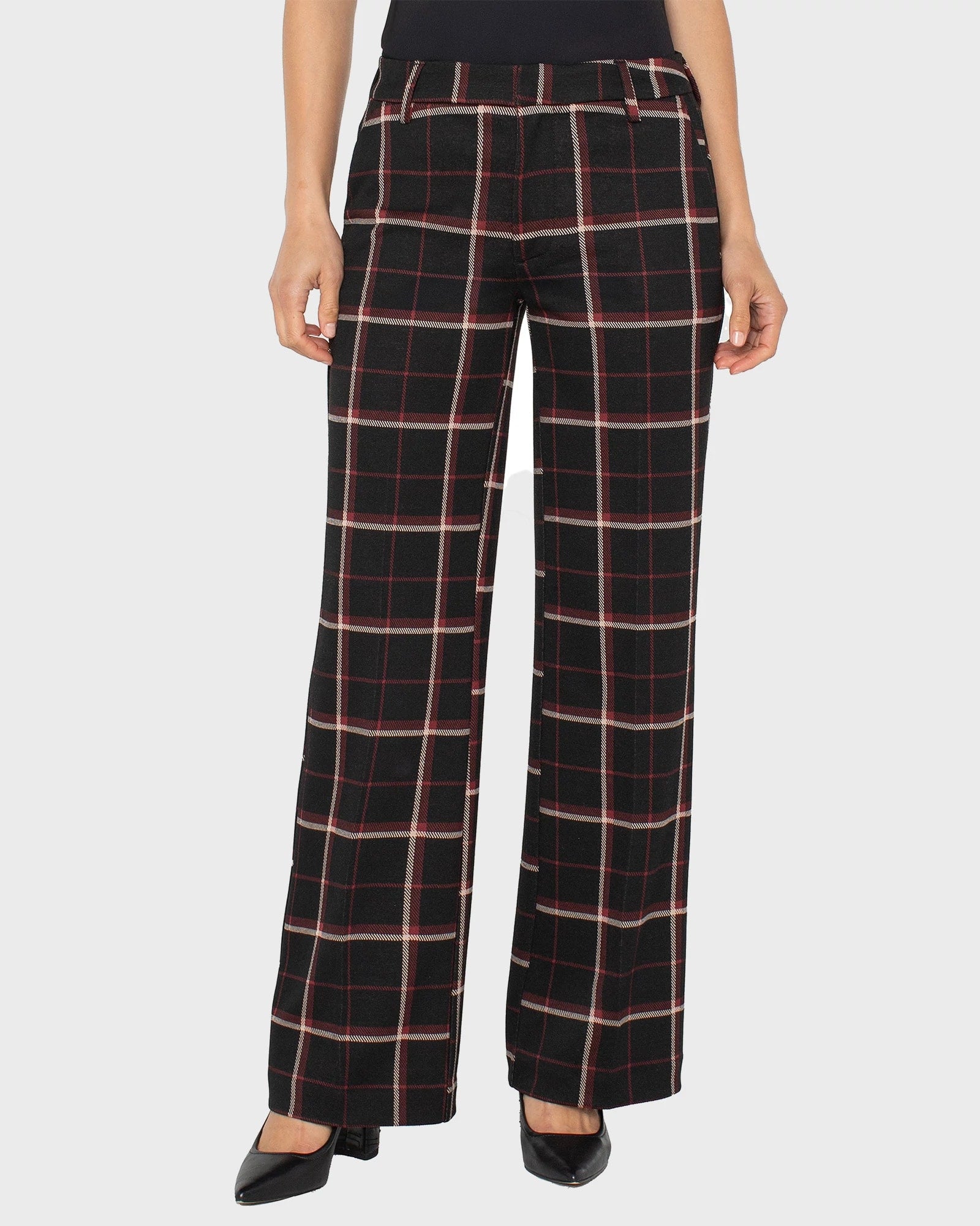 Black Red Tattersall Plaid $|& Liverpool Kelsey Wide Leg Trouser - VOF Detail