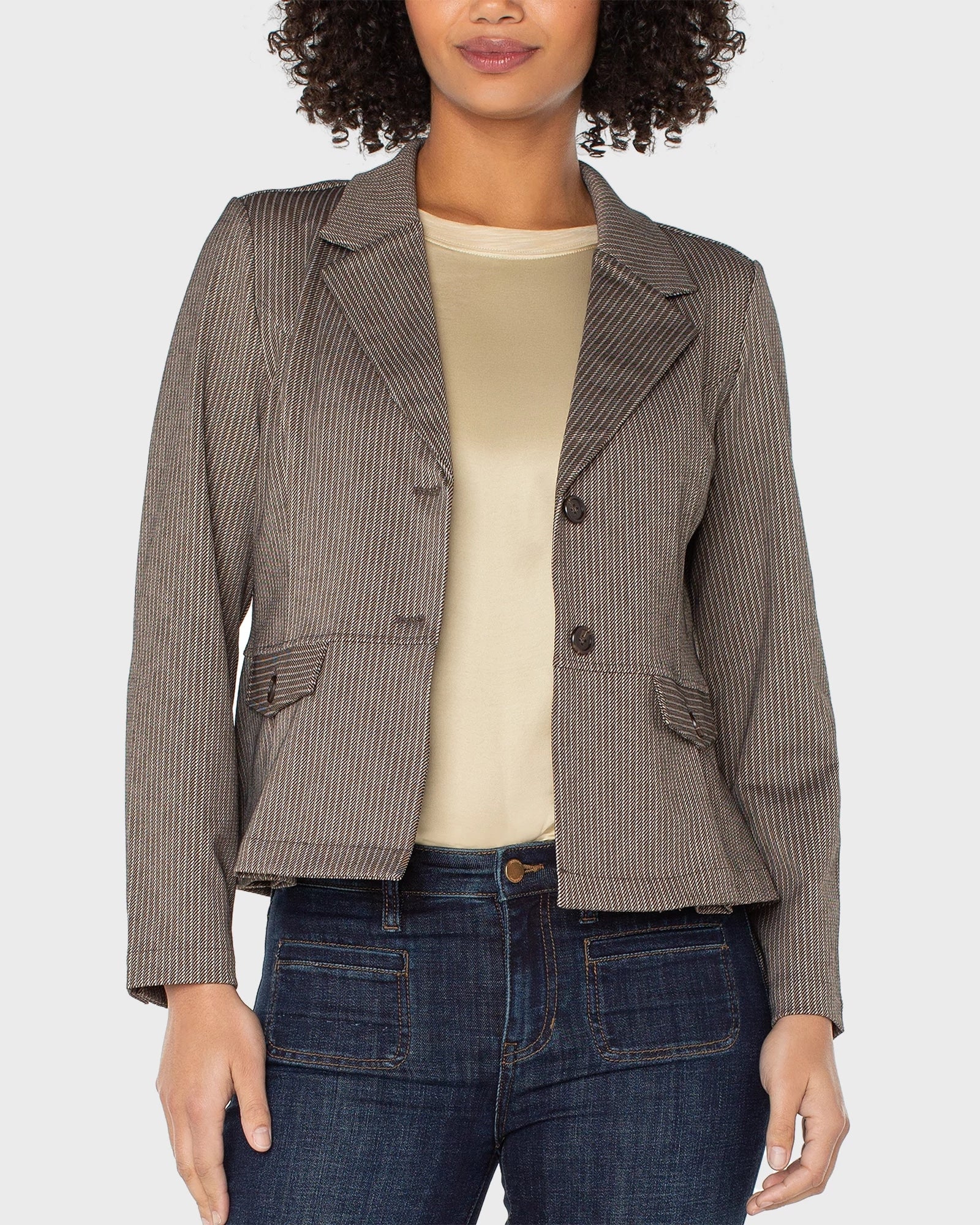 Camel/Sand Stripe $|& Liverpool Peplum Blazer - VOF Detail