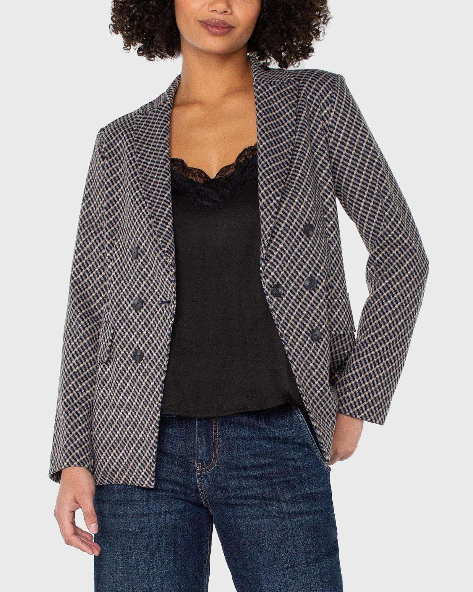 Navy/Toffee Check $|& Liverpool Faux Double Breasted Blazer - VOF Detail