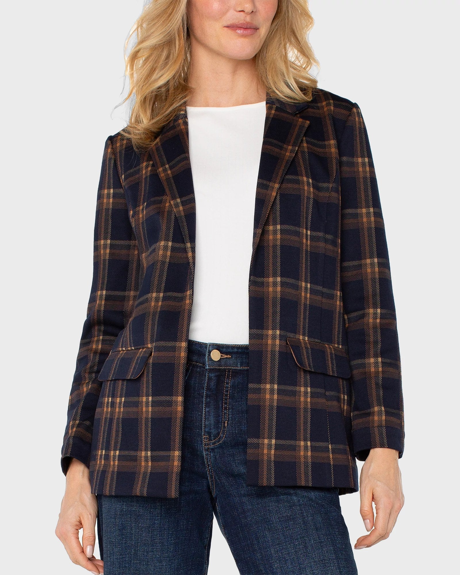 Navy/Toffee Plaid $|& Liverpool Boyfriend Blazer - VOF Detail