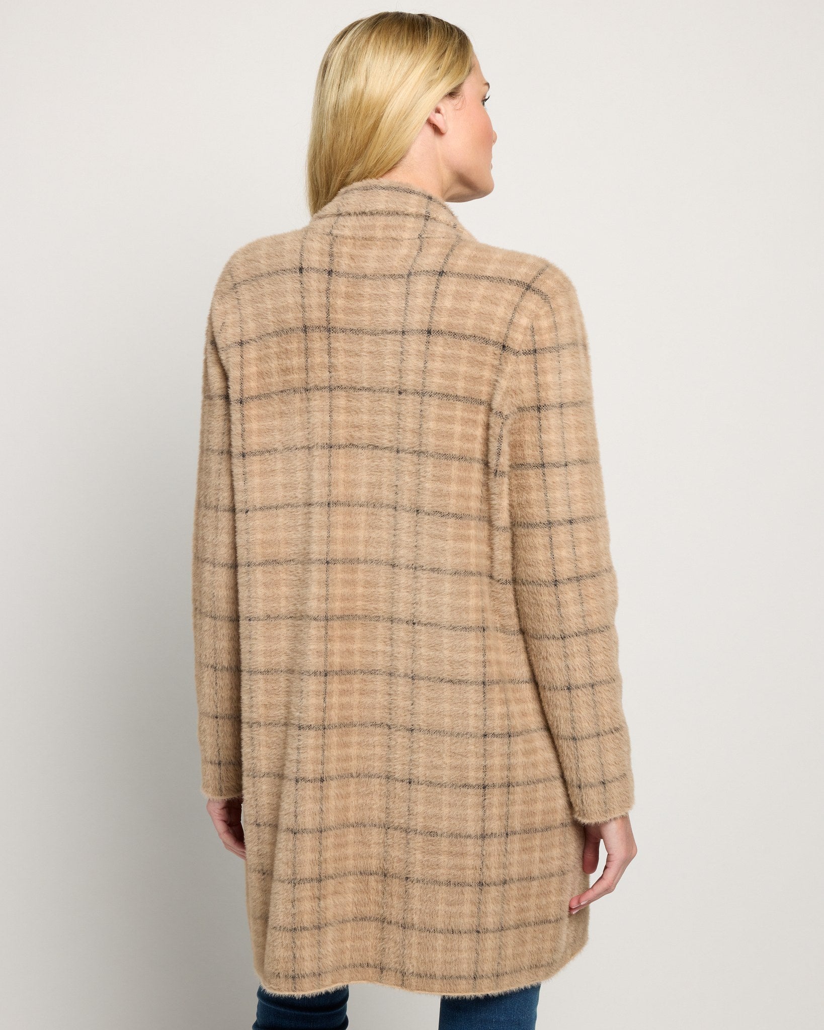 Camel Cream Plaid $|& Liverpool Open Front Coatigan - SOF Back